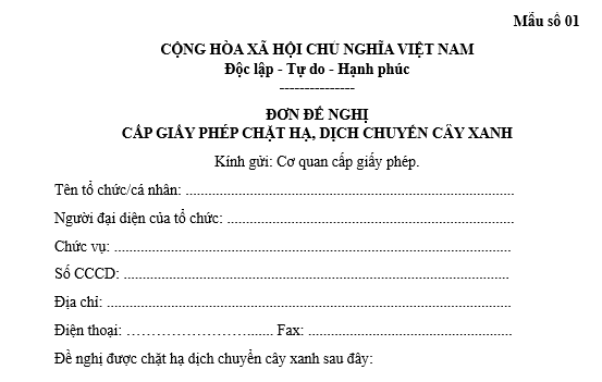 Mẫu đơn đề nghị cấp giấy phép chặt hạ, dịch chuyển cây xanh