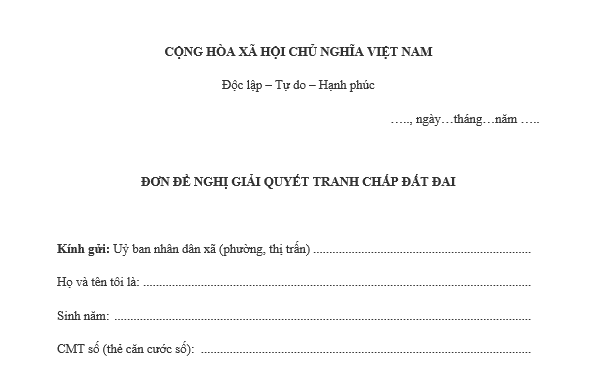 Mẫu đơn tranh chấp đất đai gửi UBND xã