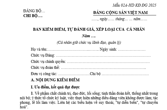 Mẫu Bản kiểm điểm đảng viên 2025 của Chi ủy viên giữ chức vụ lãnh đạo, quản lý