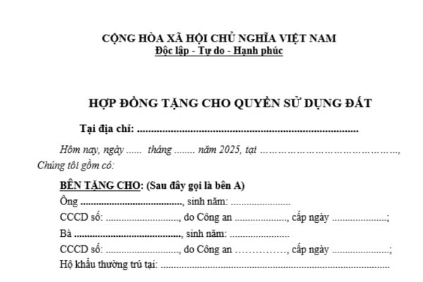 Mẫu hợp đồng tặng cho quyền sử dụng đất năm 2025