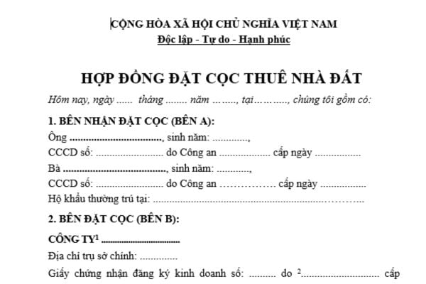 Mẫu hợp đồng đặt cọc thuê nhà đất năm 2025