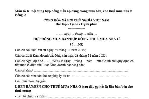 Mẫu hợp đồng mua bán nhà ở riêng lẻ năm 2026