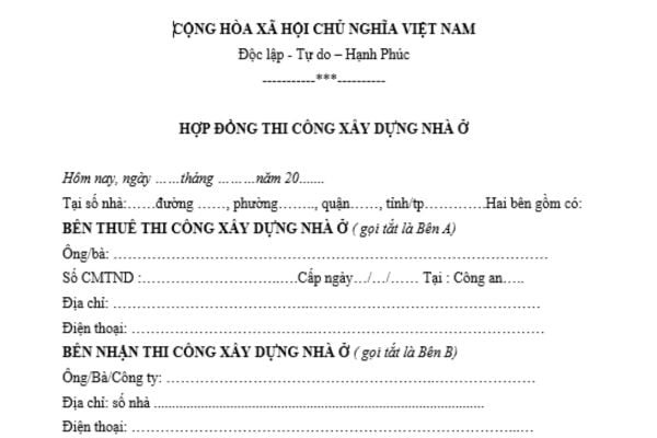 Mẫu hợp đồng thi công xây dựng nhà ở năm 2026