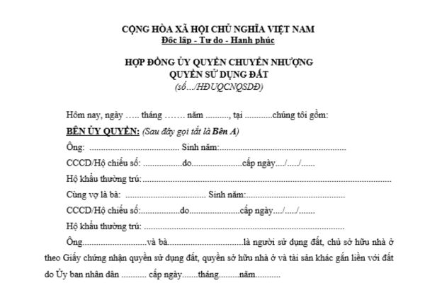 Mẫu hợp đồng ủy quyền bán đất năm 2025