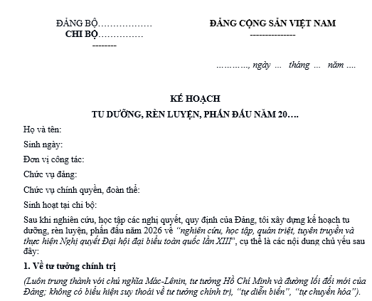 Mẫu Kế hoạch tu dưỡng rèn luyện phấn đấu năm 2026 của Đảng viên