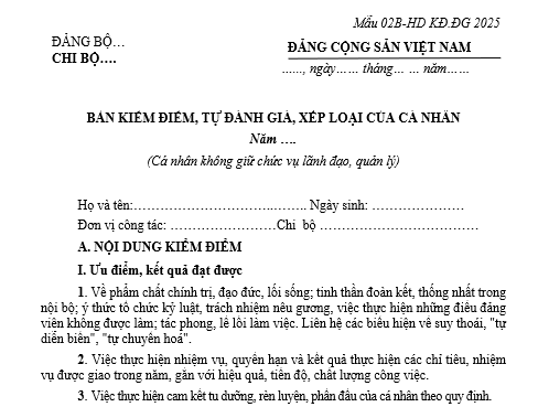 Mẫu Bản kiểm điểm đảng viên 2025 của Chi ủy viên không giữ chức vụ lãnh đạo quản lý