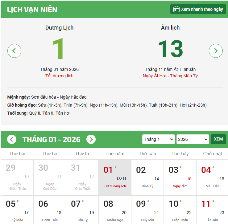 lịch dương 2026