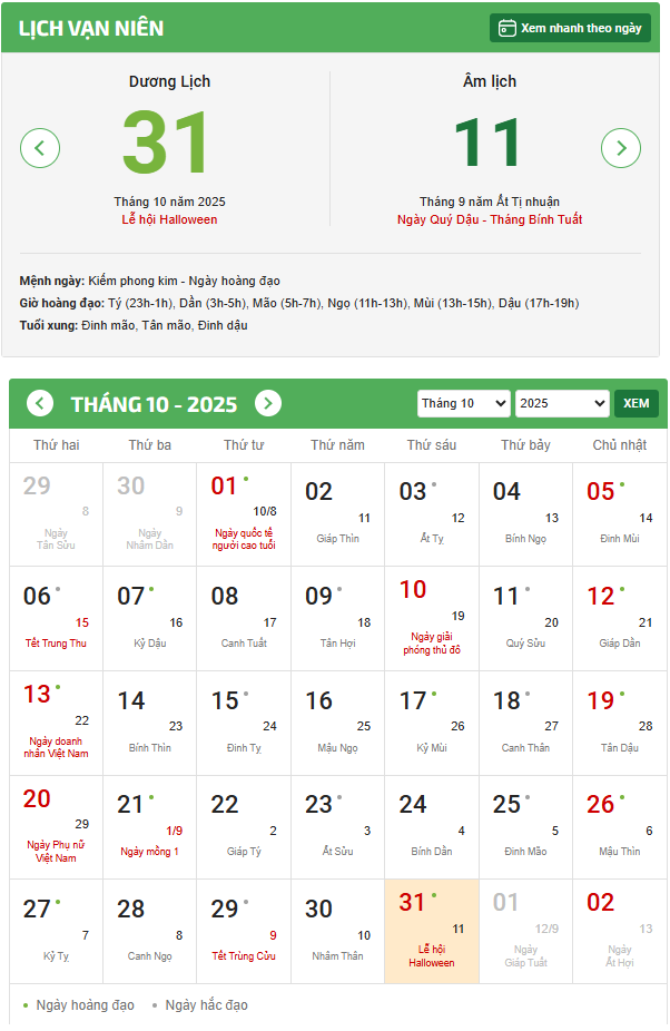 Xem lịch âm hôm nay ngày 31/10/2025