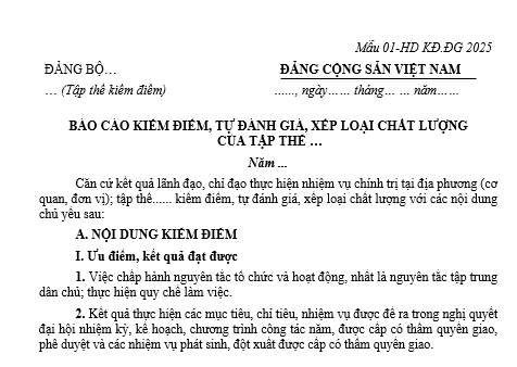 Tải Mẫu 01 Mẫu báo cáo kiểm điểm tập thể cuối năm 2025 mới nhất? Mẫu 01-HD KĐ.ĐG theo Hướng dẫn 43?