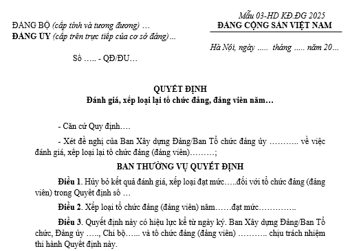 Tải Mẫu 03 Quyết định đánh giá xếp loại lại tổ chức đảng, đảng viên năm theo Hướng dẫn 43?