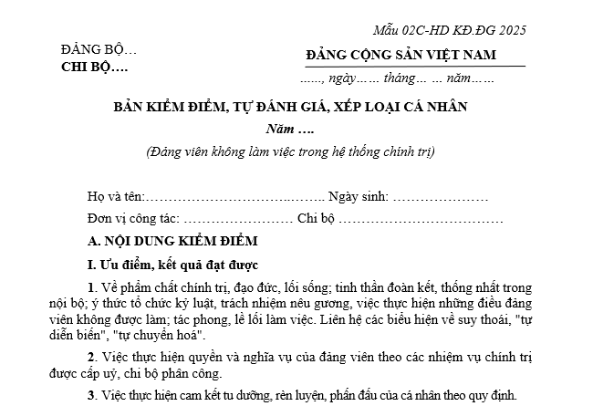 Bản kiểm điểm đảng viên hưu trí cuối năm 2025