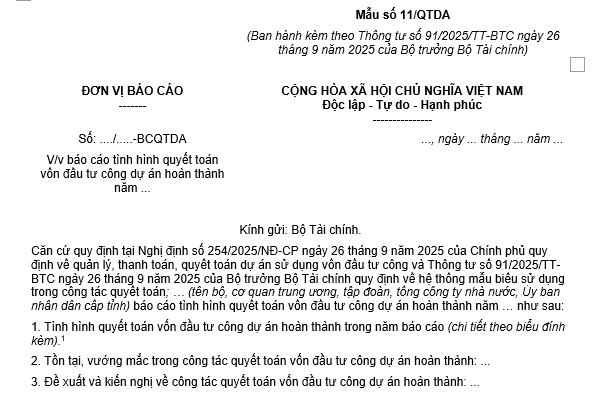 Mẫu báo cáo tình hình quyết toán vốn đầu tư công dự án hoàn thành hàng năm