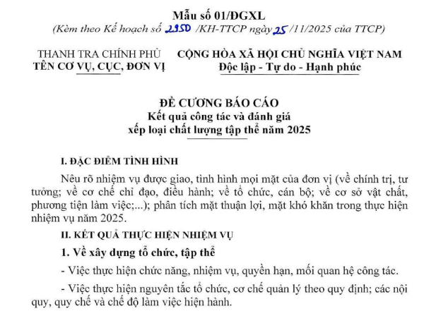 Mẫu đề cương báo cáo kết quả công tác và đánh giá xếp loại chất lượng tập thể năm 2025