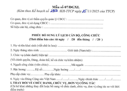 Mẫu phiếu bổ sung lý lịch cán bộ, công chức