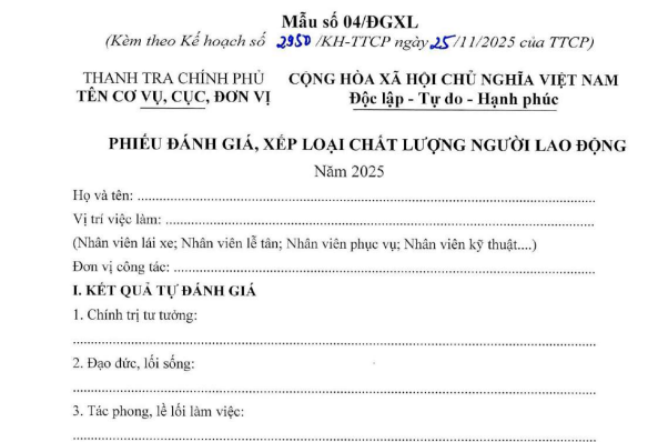 Mẫu phiếu đánh giá xếp loại chất lượng người lao động năm 2025