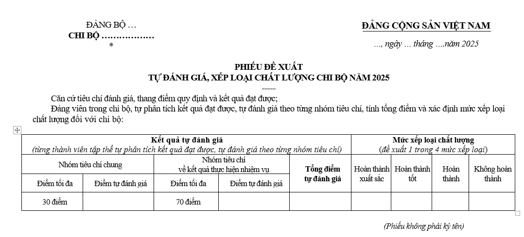 Mẫu phiếu đề xuất tự đánh giá xếp loại chất lượng Chi bộ năm 2025 mới nhất?