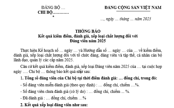 Mẫu thông báo kết quả đánh giá xếp loại đảng viên cuối năm 2025