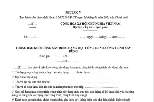 Mẫu thông báo khởi công xây dựng mới nhất 2026