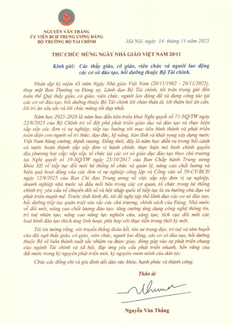 Thư chúc mừng Ngày Nhà giáo Việt Nam 20 11 của Bộ trưởng Bộ Tài chính năm 2025