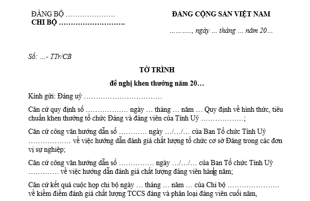 Mẫu tờ trình đề nghị khen thưởng tập thể, đảng viên năm 2025