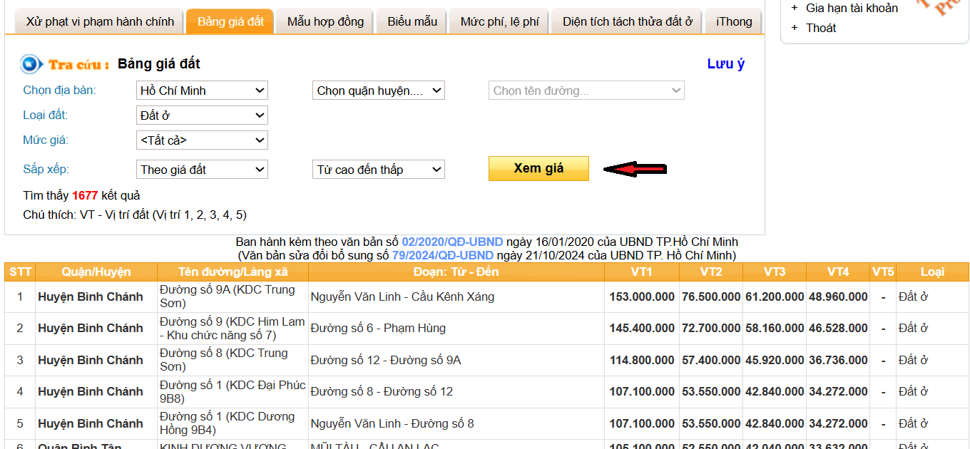 Tra cứu giá đất TPHCM 2025