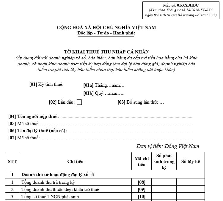 Mẫu 01 XSBHĐC Tờ khai thuế thu nhập cá nhân
