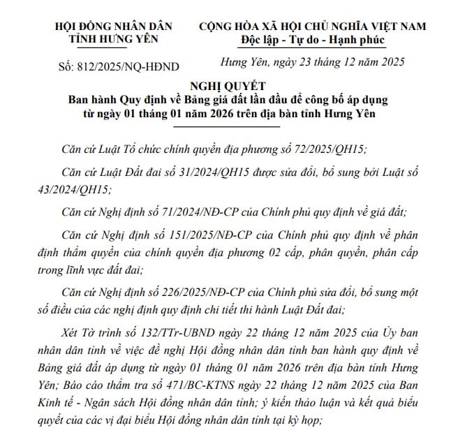 Trọn bộ Bảng giá đất Hưng Yên áp dụng từ 1/1/2026 chính thức mới nhất?