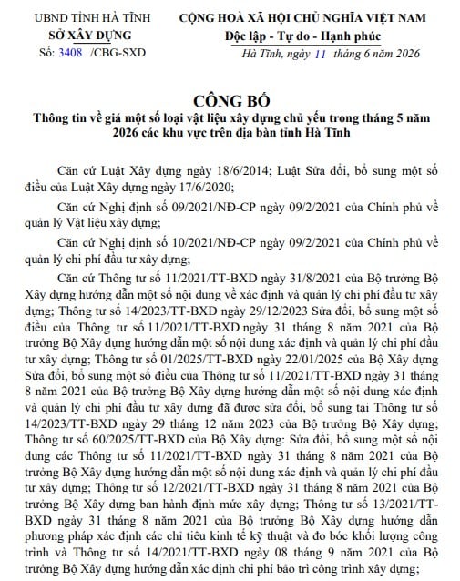 VĂN BẢN SỐ 3453 CBG SXD VỀ GIÁ VẬT LIỆU XÂY DỰNG HÀ TĨNH QUÝ 2 NĂM 2026