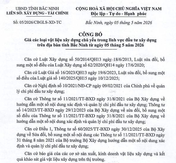 CÔNG BỐ GIÁ VẬT LIỆU XÂY DỰNG BẮC NINH THÁNG 5 NĂM 2026