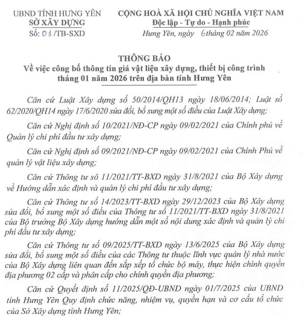 THÔNG BÁO GIÁ VẬT LIỆU XÂY DỰNG TỈNH HƯNG YÊN NĂM 2026 THEO CÔNG BỐ 225