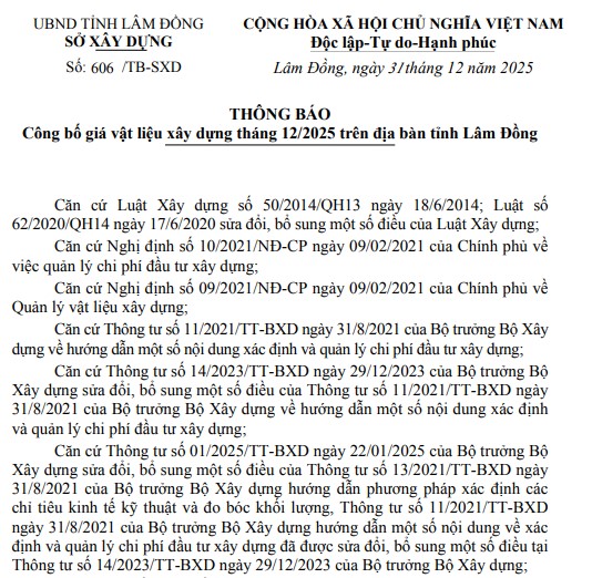 CÔNG BỐ ĐƠN GIÁ VẬT LIỆU XÂY DỰNG THÁNG 1 NĂM 2026 TẠI LÂM ĐỒNG