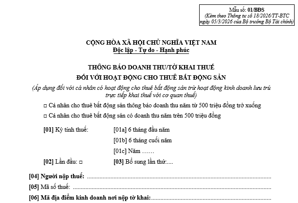 Mẫu 01 BĐS Thông báo doanh thu hoạt động cho thuê bất động sản