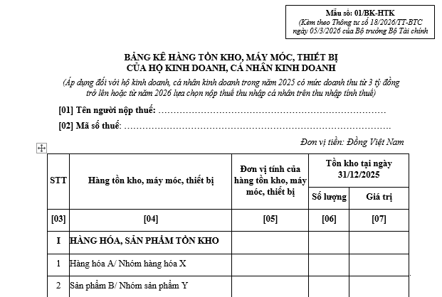 bảng kê hàng tồn kho cho hộ kinh doanh