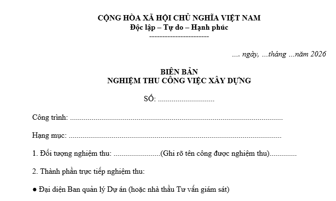 mẫu biên bản nghiệm thu công việc xây dựng mới nhất 2026