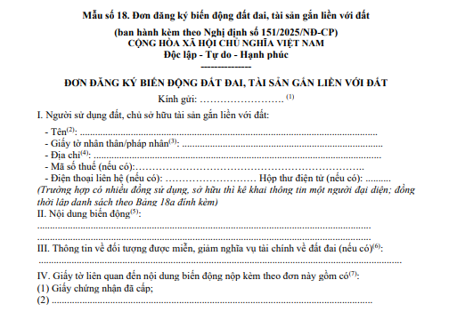 Mẫu đơn đăng ký biến động đất đai, tài sản gắn liền với đất