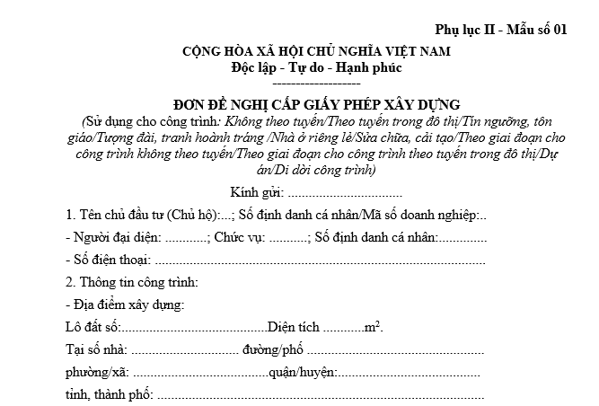 Mẫu đơn xin cấp giấy phép xây dựng nhà ở mới nhất 2026