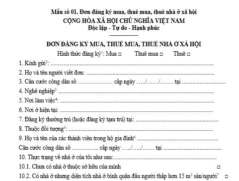 Đơn đăng ký mua nhà ở xã hội năm 2026
