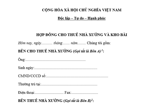 Mẫu hợp đồng thuê nhà xưởng file word năm 2026