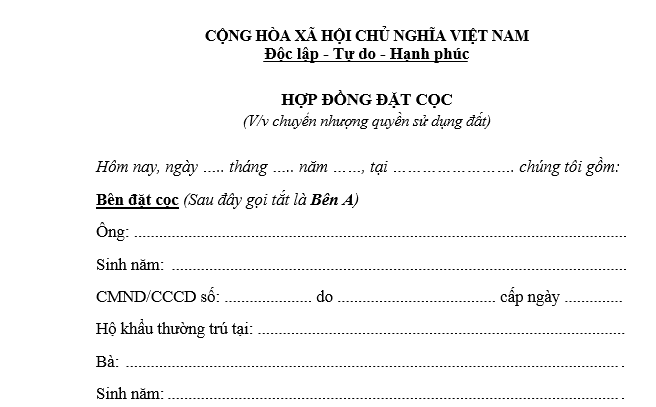 Mẫu hợp đồng đặt cọc mua đất mới nhất 2026