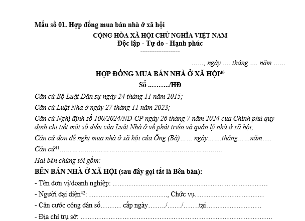 Mẫu hợp đồng mua bán nhà ở xã hội năm 2026