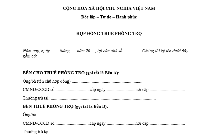 Mẫu hợp đồng thuê phòng trọ mới nhất 2026