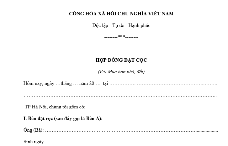 Mẫu hợp đồng đặt cọc mua nhà