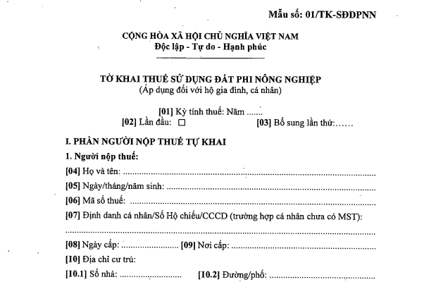 Mẫu 01/TKSDDPNN Tờ khai thuế sử dụng đất phi nông nghiệp cho hộ gia đình, cá nhân 2026