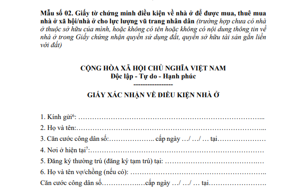 Mẫu số 02 Mẫu giấy tờ chứng minh điều kiện về nhà ở để được mua nhà ở xã hội