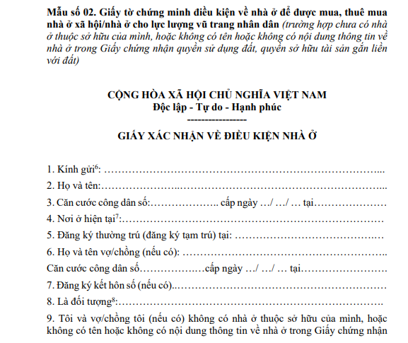 Mẫu số 02 Giấy tờ chứng minh điều kiện về nhà ở để được mua nhà ở xã hội