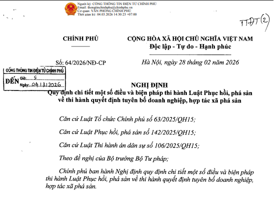 Toàn văn Nghị định 64/2026/NĐ-CP hướng dẫn Luật Phục hồi phá sản 2025