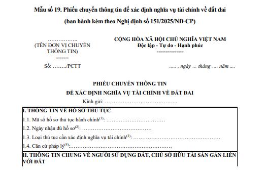Phiếu chuyển thông tin để xác định nghĩa vụ tài chính về đất đai