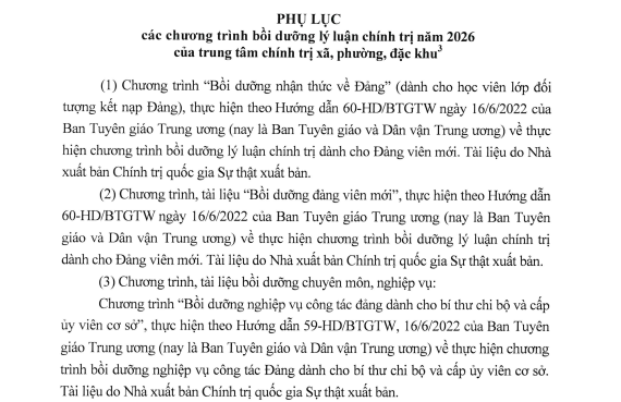 Phụ lục các chương trình bồi dưỡng lý luận chính trị năm 2026 của trung tâm chính trị xã, phường, đặc khu theo Hướng dẫn 49-HD/BTGDVTW?