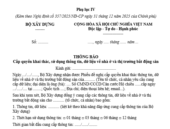 Mẫu thông báo cấp quyền khai thác thông tin nhà ở và thị trường bất động sản
