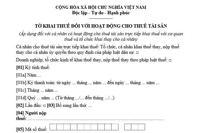 Mẫu 01/TTS Mẫu tờ khai thuế cho thuê tài sản mới nhất 2026